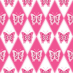 Pink Butterflies checkered Seamless Pattern