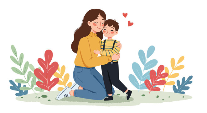 Loving mother embracing her son with affection and care.