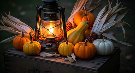 Warm autumn harvest glow A rustic lantern illuminates a bounty of pumpkins and gourds