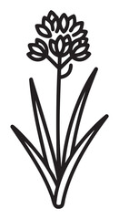 Black outline vector icon of a blooming clover plant with a single stem and multiple leaves, representing growth and nature.