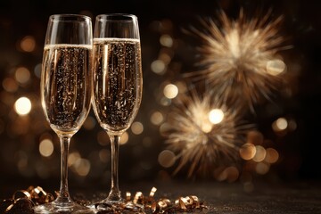 Two elegant champagne glasses clinking together with golden sparkling wine, against a backdrop of festive twinkling lights.