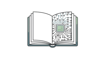 A line art icon of an open book featuring a computer circuit board and microchip on the page, representing digital education, e-learning, and smart technology.