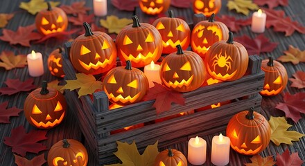 A wooden crate filled with glowing carved pumpkins surrounded by autumn leaves and candles for Halloween