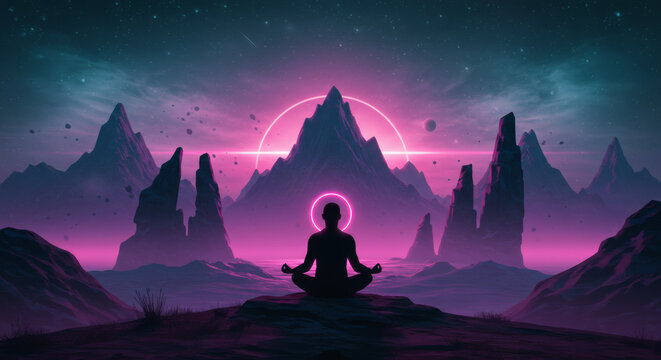 Silhouette meditating amidst mountains and neon light in a digital art composition