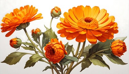 Beautiful Orange Flowers in Bloom on White Background, Close-up