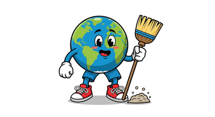 Cartoon Earth Character Cleaning Up Debris with a Broom, Promoting Environmental Awareness