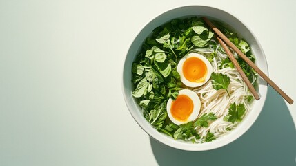 Delicious vietnamese pho with soft-boiled eggs modern kitchen food photography minimalist environment aerial view culinary delight
