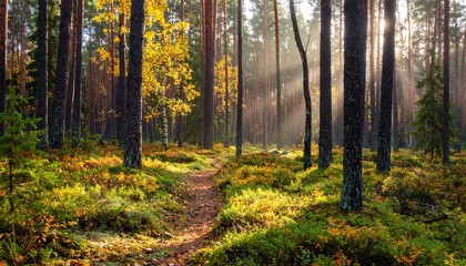 Sunlit pathway through a vibrant autumn forest, showcasing towering trees and lush undergrowth with dappled sunlight