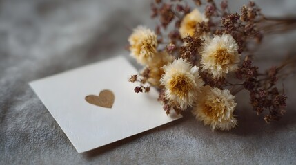 Fototapeta premium A simple elegant white card with a heart cutout rests beside a delicate bouquet of dried flowers on a textured grey background