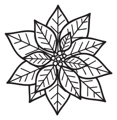 Obraz premium Black outline drawing of a poinsettia flower with multiple layered petals and detailed leaves.