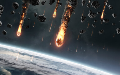 A high-quality 3D render of a planetary cataclysm. The surface of an alien planet is being bombarded by large, burning meteors, creating huge impact craters