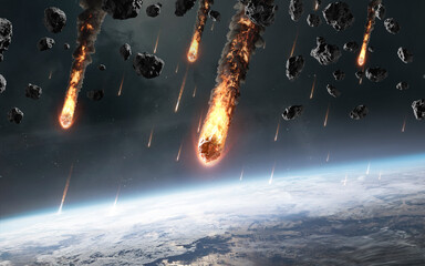 A high-quality 3D render of a planetary cataclysm. The surface of an alien planet is being bombarded by large, burning meteors, creating huge impact craters