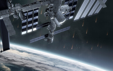 A high-quality 3D render of a planetary cataclysm. The surface of an alien planet is being bombarded by large, burning meteors, creating huge impact craters