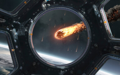 A high-quality 3D render of a planetary cataclysm. The surface of an alien planet is being bombarded by large, burning meteors, creating huge impact craters