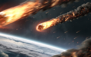 Space scene of large meteors with fiery tails are shown impacting the planet's surface. Smaller meteors streak across the sky