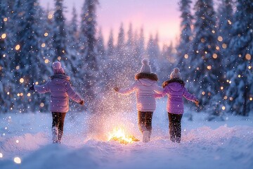 Three children play joyfully in snowy landscape, surrounded by t