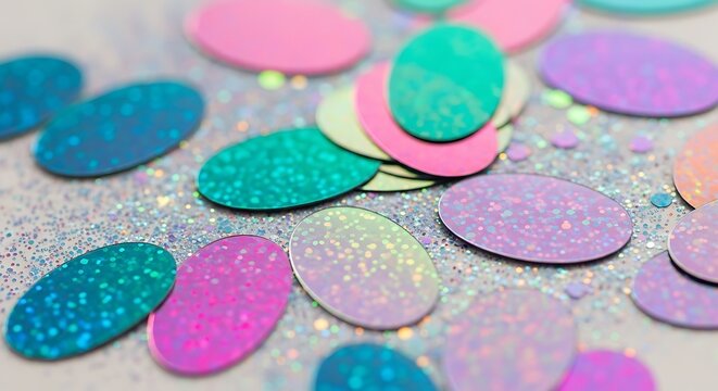 Closeup of iridescent oval confetti scattered on a bed of shimmering glitter
