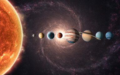 A vibrant and colorful digital artwork of the entire solar system. A composite image showing every planet from Mercury to Neptune, with a focus on the high surface details of Mars and Earth