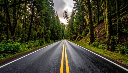 Fototapeta premium An asphalt road lined with tall, vibrant green trees leads into the distance under a cloudy sky. Sunlight barely illuminates the path