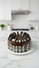 Oreo chococlate crepe cake in white kitchen