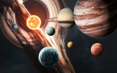 A detailed image of all the planets in the solar system, a high-quality render including Mars, Earth, and all other planets