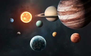 A vibrant and colorful digital artwork of the entire solar system. A composite image showing every planet from Mercury to Neptune, with a focus on the high surface details of Mars and Earth