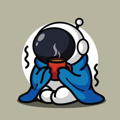 Cute Astronaut Drinking Coffee with Blanket Illustration for Space Cartoon Character and Cozy Relaxation Concept