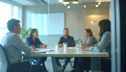 Multicultural international employees talking at team office meeting sit in conference table behind glass door.