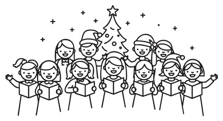 Fototapeta premium Black outline vector icon of a group of children singing christmas carols in front of a decorated tree, wearing santa hats and smiling.