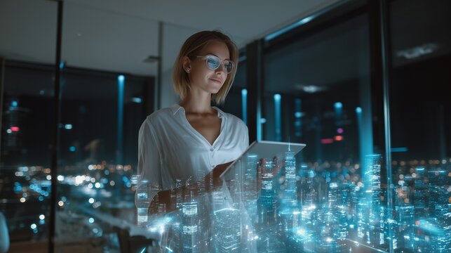 Confident female architect showcases smart city hologram in glass office at night - Powered by Adobe