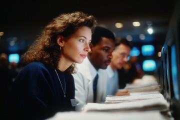 Focused professionals collaborate in high-tech environment, anal