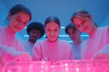 Brightly lit lab scene with diverse individuals engaged in scien