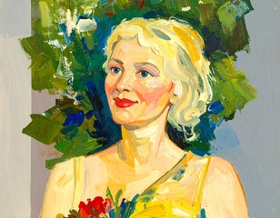 Oil painting portrait of a blonde woman with red lips