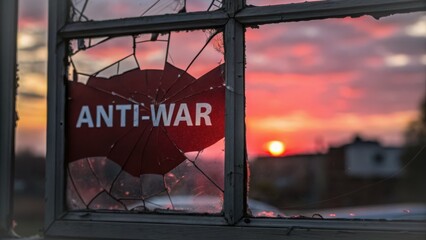 ww3 illustration Broken window showcasing an "ANTI-WAR" sign against a vibrant sunset backdrop.