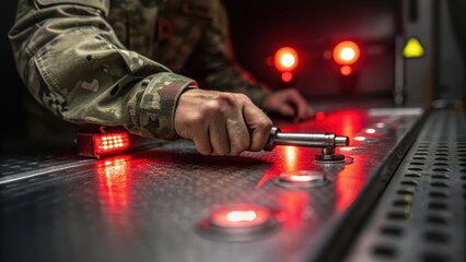 ww3 illustration Hand adjusting equipment with glowing red lights, showcasing precision in a technical environment.