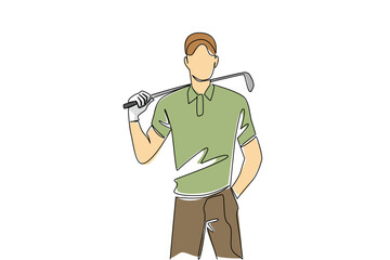 Single one line drawing a man wearing gloves and a hat puts a golf club on his back shoulder. First day of practice. Train. Tournament. National Golf Day. Continuous line design graphic illustration