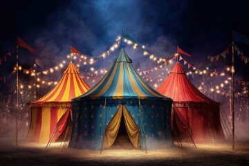 A vibrant circus tent with colorful lights, capturing the magic and excitement of a carnival atmosphere. The circus tents are beautifully illuminated, creating a whimsical and joyful setting