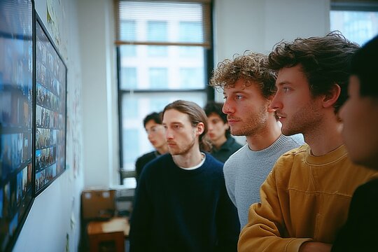 Focused group observing dynamic visuals on screen, showcasing en