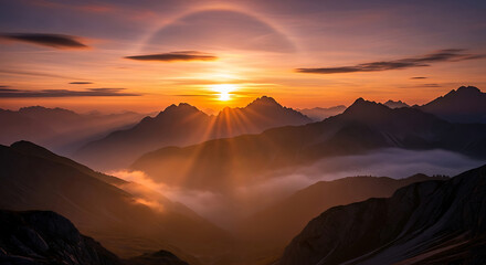 Dramatic sunrise with sun rays and halo over misty mountain peaks