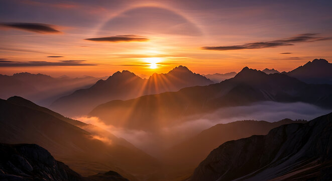 Dramatic sunrise with sun rays and halo over misty mountain peaks