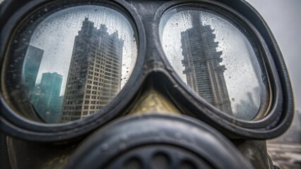 ww3 illustration A gas mask reflects skyscrapers, symbolizing urban life and dystopian themes in a gritty environment.