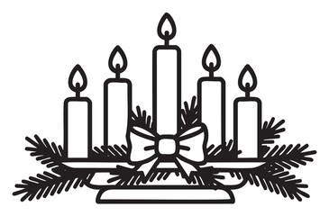 Black outline vector icon of a candle holder with six lit candles, adorned with evergreen branches and a decorative bow.