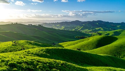 Lush rolling hills under a partly cloudy sky, bathed in sunlight. Shadows and light create a beautiful contrast
