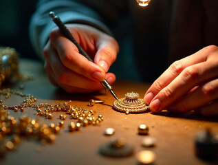 Jeweler crafting intricate gold jewelry with precision tools and gemstones
