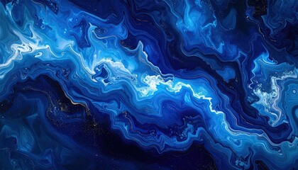 Abstract Swirling Blue and White Acrylic Paint Design with Gold Flecks Natural Daylight Creates a Dreamy Celestial Texture Ideal for Backdrop or Wallpaper