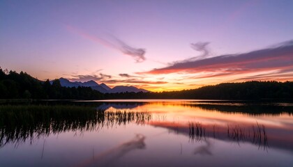 Fototapeta premium Serene lake sunset over mountains
