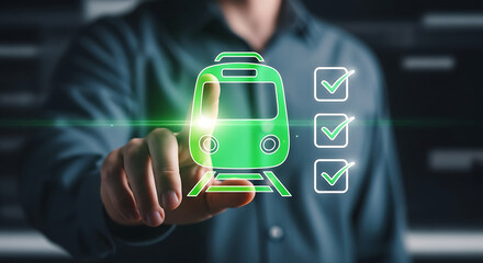 Man touching a green train icon with checkmarks, symbolizing ecofriendly transportation and successful journey