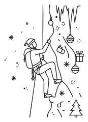 Black outline vector of a person rock climbing with holiday decorations like ornaments and gifts surrounding the scene. minimal linear illustration for festive outdoor adventures.
