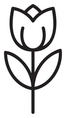 Black outline icon of a simple tulip flower with two leaves on a single stem depicting minimalistic floral design.
