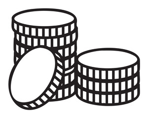 Black and white outline icon of three stacked round coins, one leaning, showing circular and ridged details.